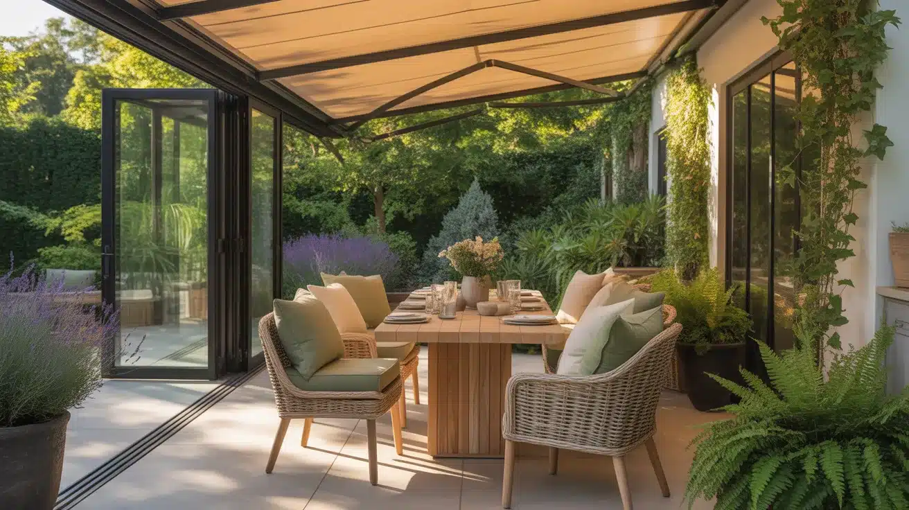 beautifully designed three-season room featuring a seamless indoor_outdoor dining area with floor-to-ceiling glass panels that open to a lush garden backdrop