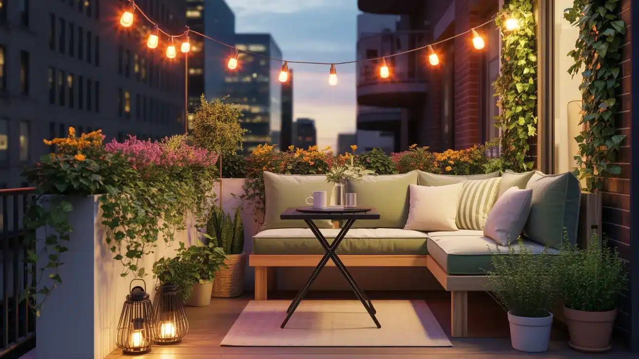 beautifully transformed small urban balcony showcasing a cozy outdoor retreat with modern furniture and lush greenery