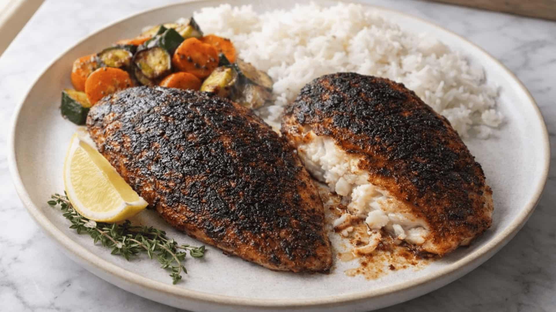 blackened cajun tilapia fillets served with white rice, roasted vegetables, lemon wedge, and fresh thyme on a ceramic plate