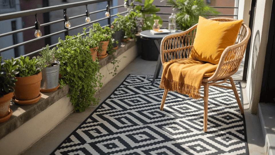 bold black and white diamond rug on balcony with rattan chair mustard cushion terracotta pots and edison bulbs above