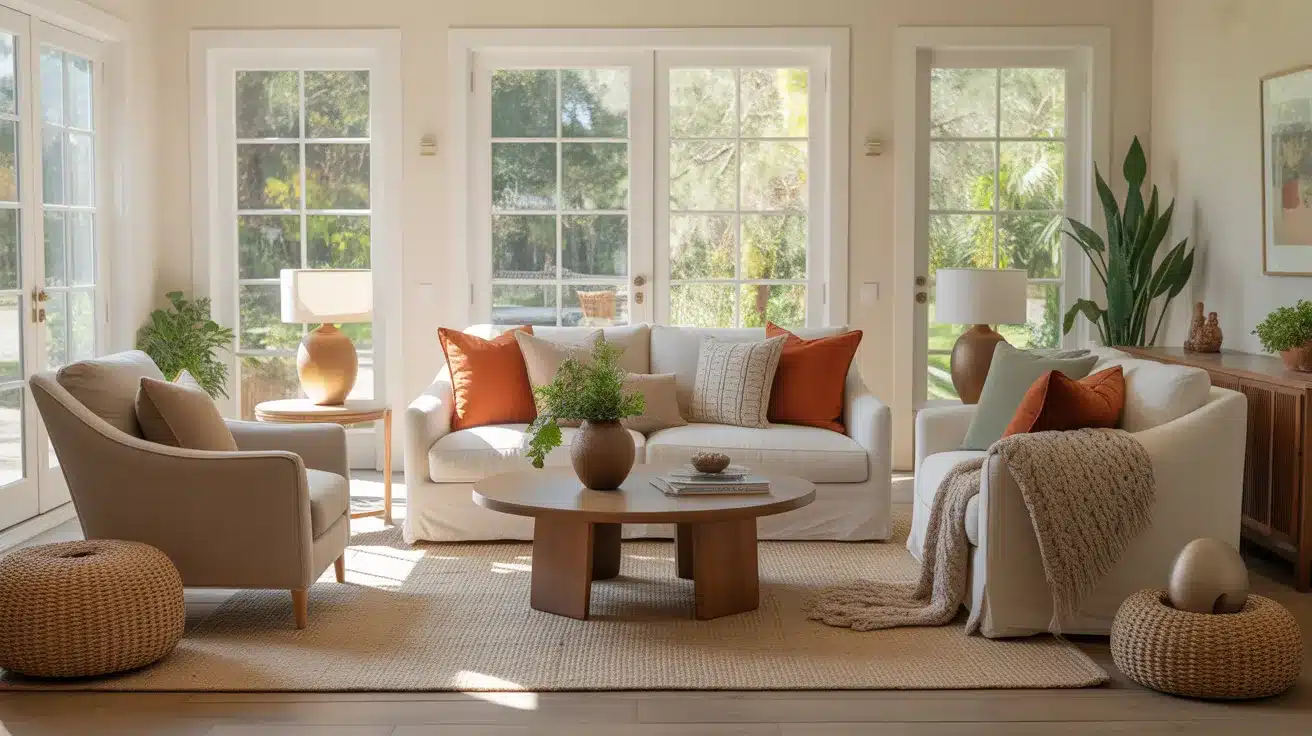 bright and airy 3-season room featuring a thoughtfully arranged seating area with a plush cream-colored sofa
