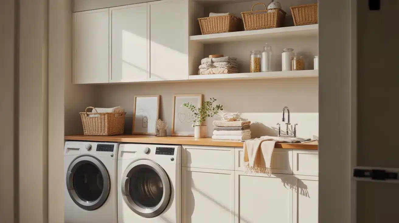 bright and airy laundry room photographed in wide-angle view, featuring a sleek front-loading washer and dryer in pristine white beneath crisp white upper cabinets