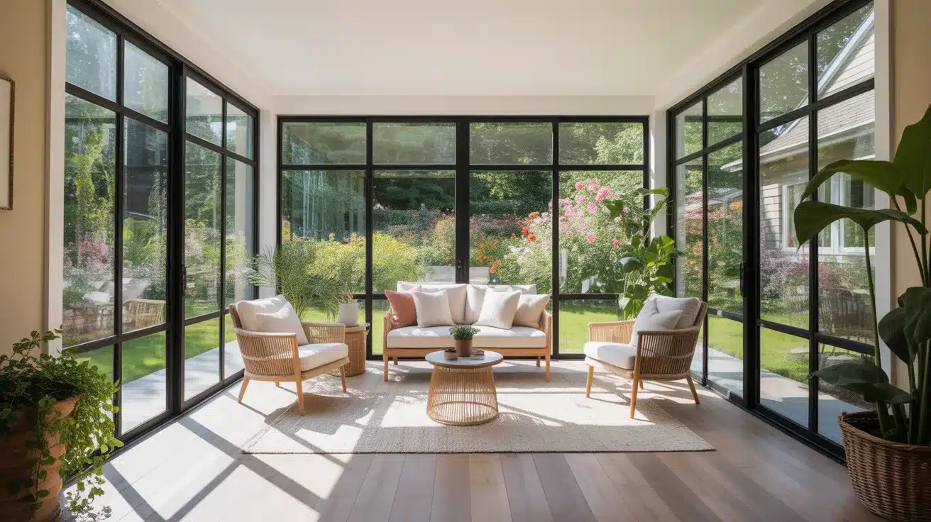 bright and modern three-season room seamlessly integrated with a charming residential home