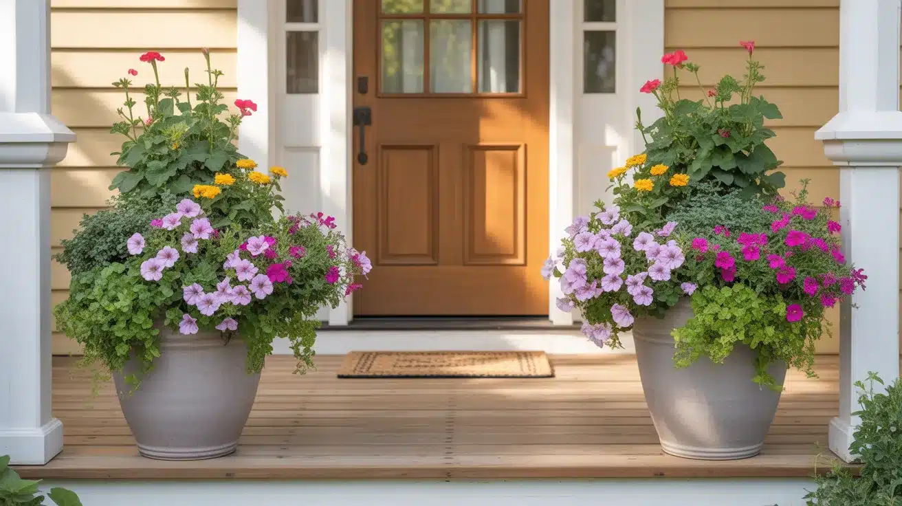 bright and welcoming front porch featuring two oversized ceramic planters flanking a wooden front door, bursting with vibrant purple and pink petunias cascading alongside lush green foliage