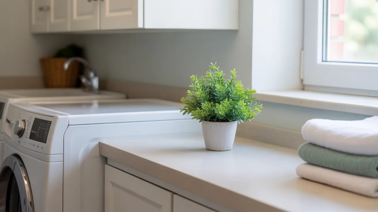 bright, organized laundry room featuring a small potted plant as a focal point on the counter