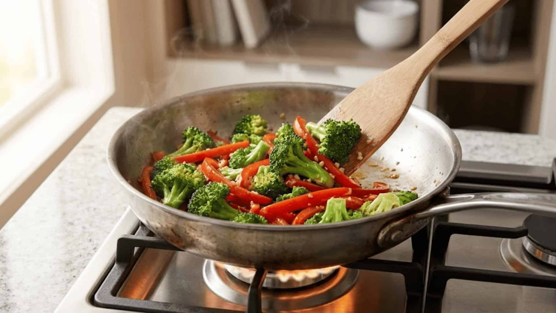 broccoli and red bell pepper stir-frying in a skillet over a gas flame with a wooden spatula
