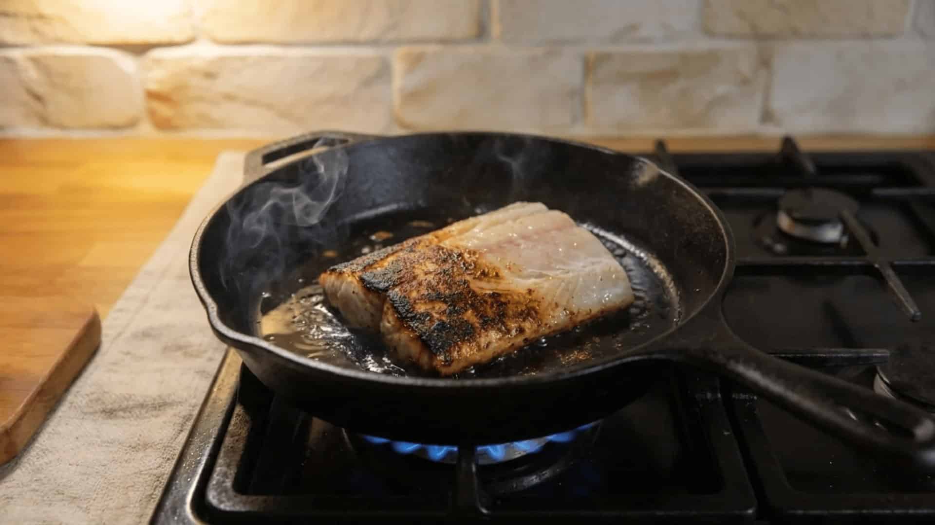 cajun seasoned mahi mahi searing in a cast iron skillet over an open gas flame with smoke rising