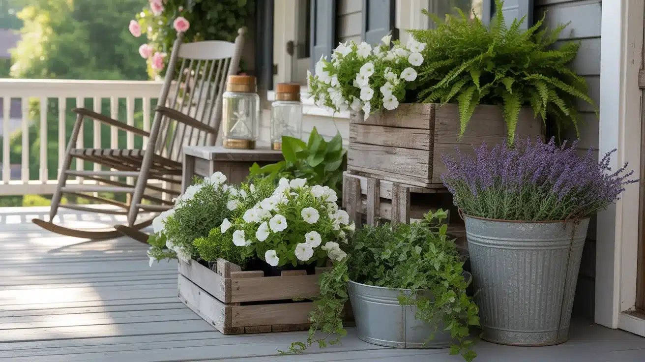 charming farmhouse-style front porch featuring a collection of rustic planters arranged at varying heights