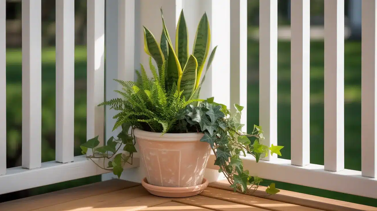 charming front porch corner featuring a single medium-sized terracotta planter positioned against white wooden railings