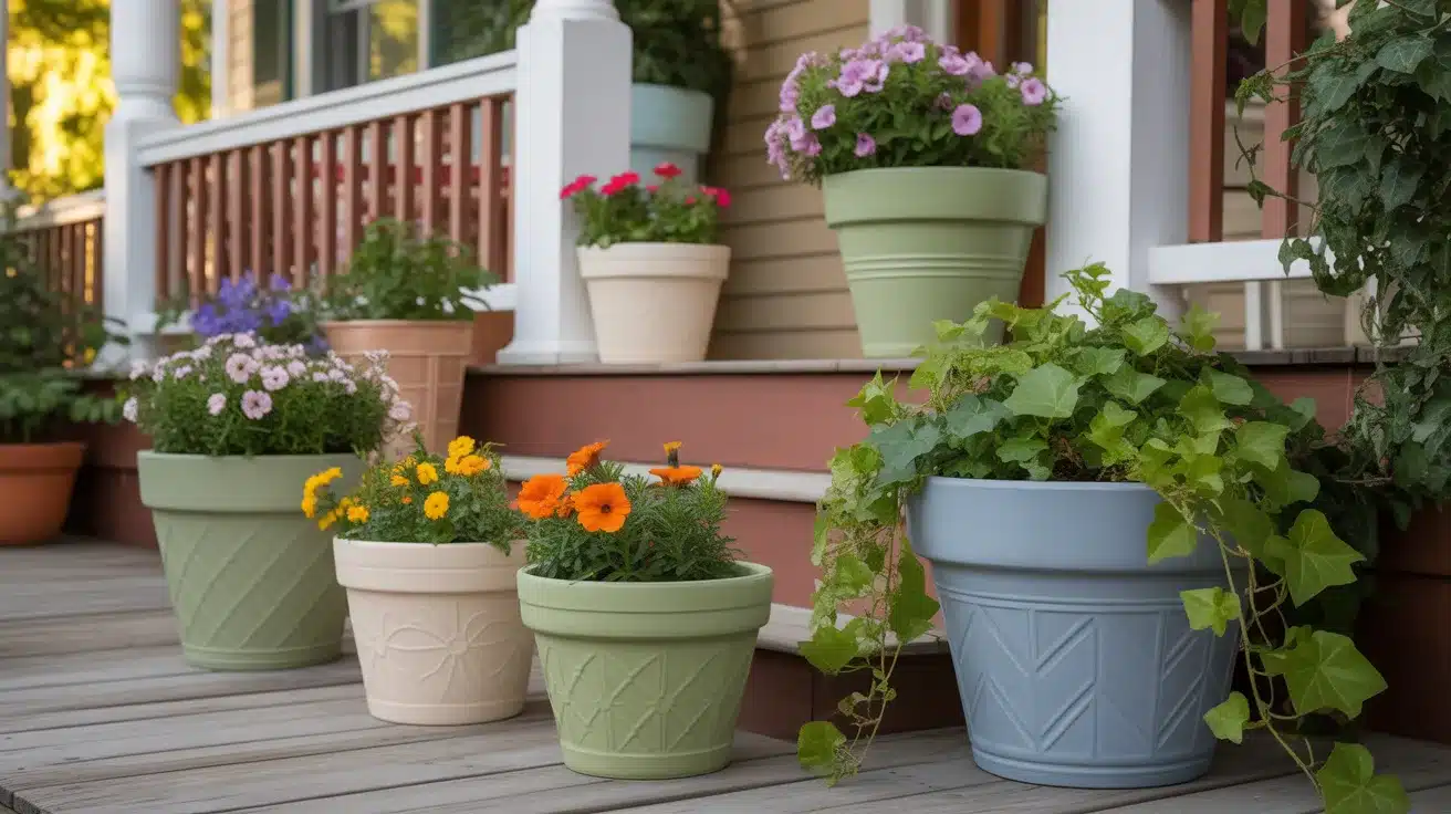 charming front porch decorated with several DIY painted terra cotta planters in coordinating colors