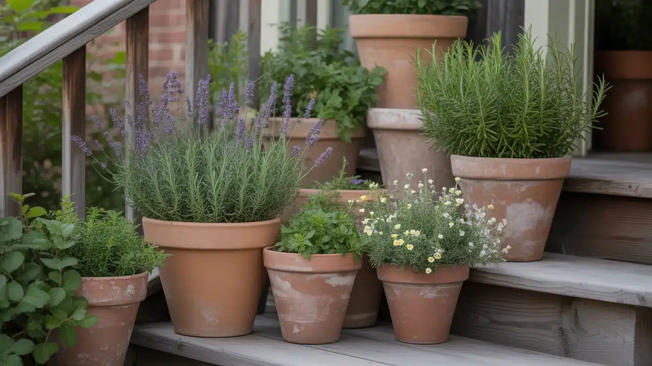 charming rustic front porch featuring an arrangement of weathered terracotta pots filled with fragrant herbs and delicate flowers