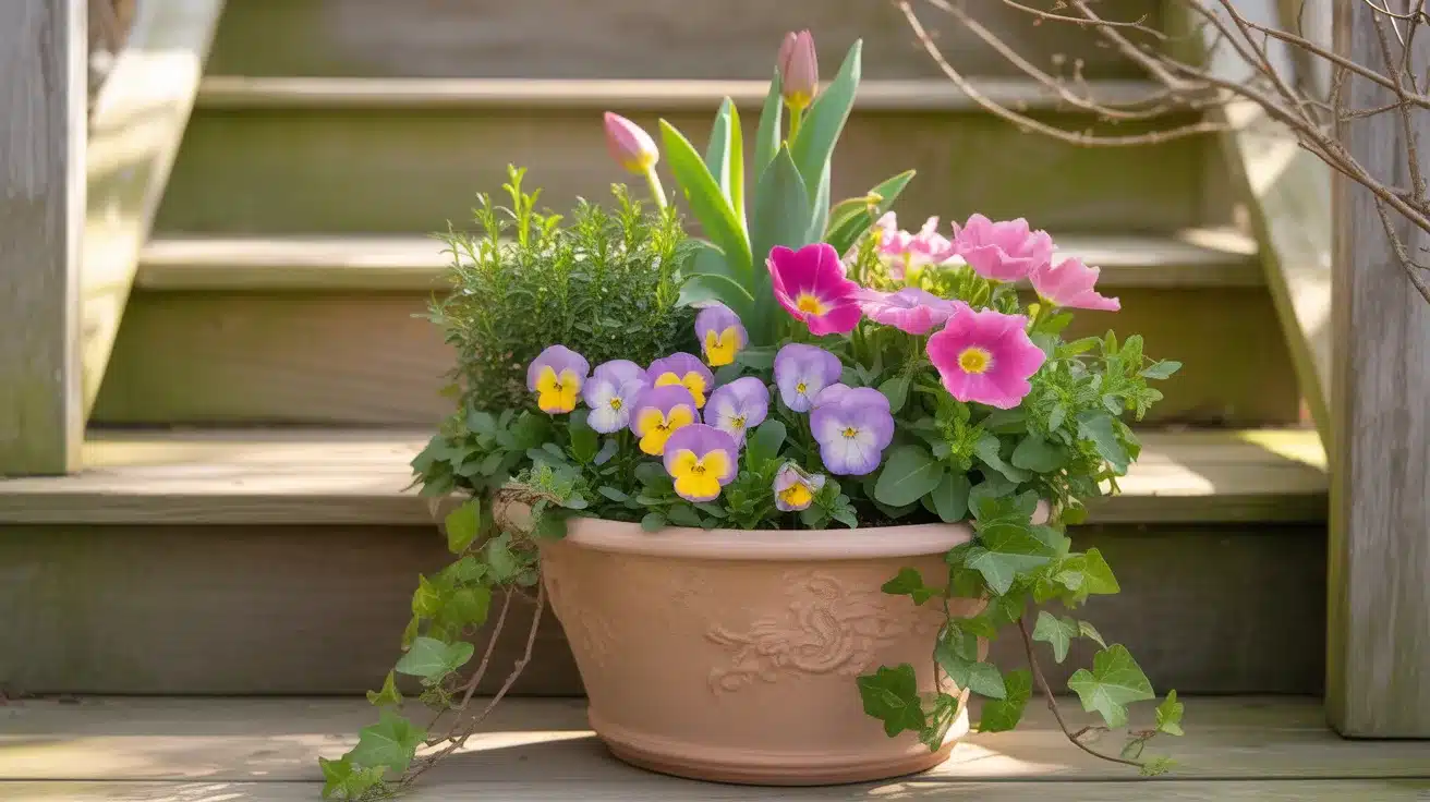 charming spring planter arrangement on a welcoming front porch, showcasing a medium-sized terracotta pot filled with vibrant seasonal blooms