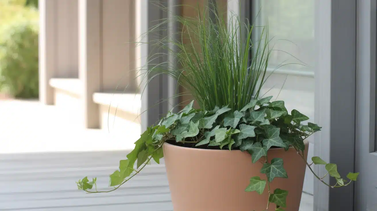 clean, modern planter featuring a simple two-plant combination on a bright patio or deck