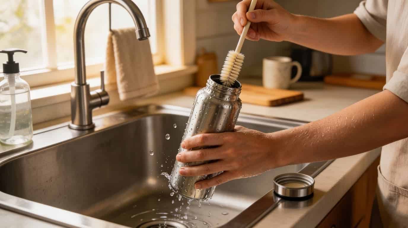 cleaning stainless steel water bottle with brush in sink