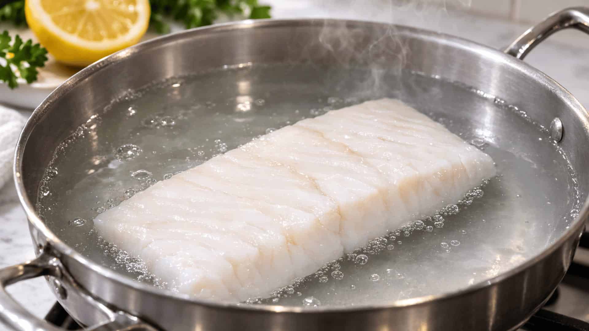 cod fillet gently poaching in simmering water in a stainless steel pan with lemon and parsley in background