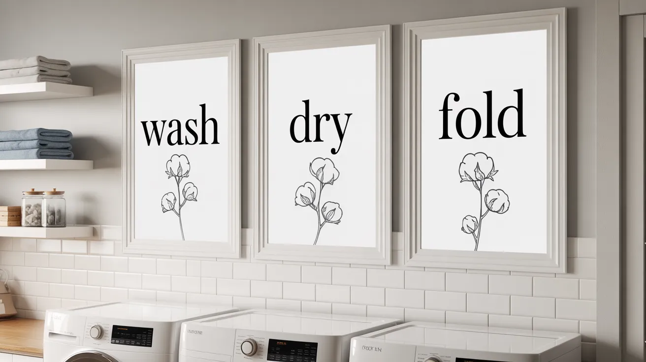 collection of three matching white-framed prints hanging on a clean laundry room wall above a modern white washer and dryer