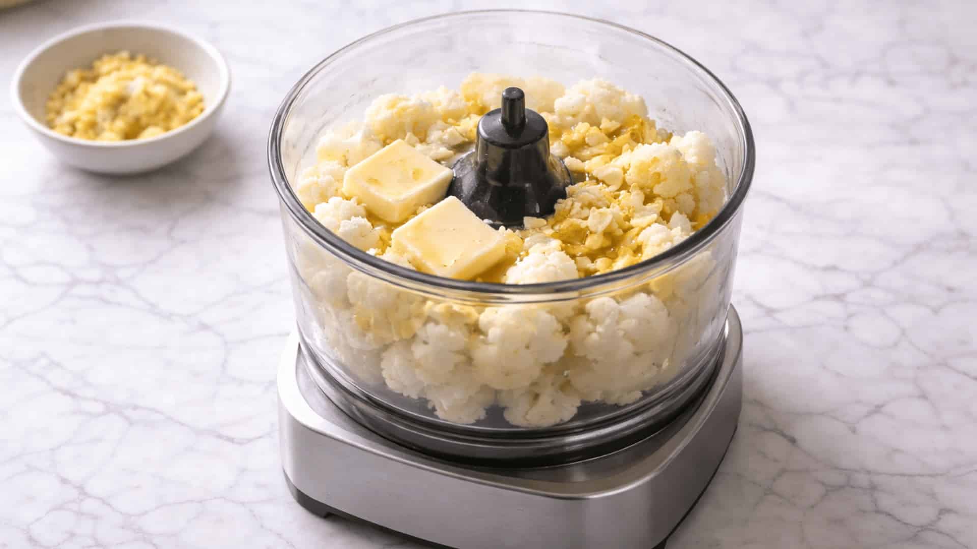 cooked cauliflower florets with butter cubes and garlic in a glass food processor bowl on a marble countertop