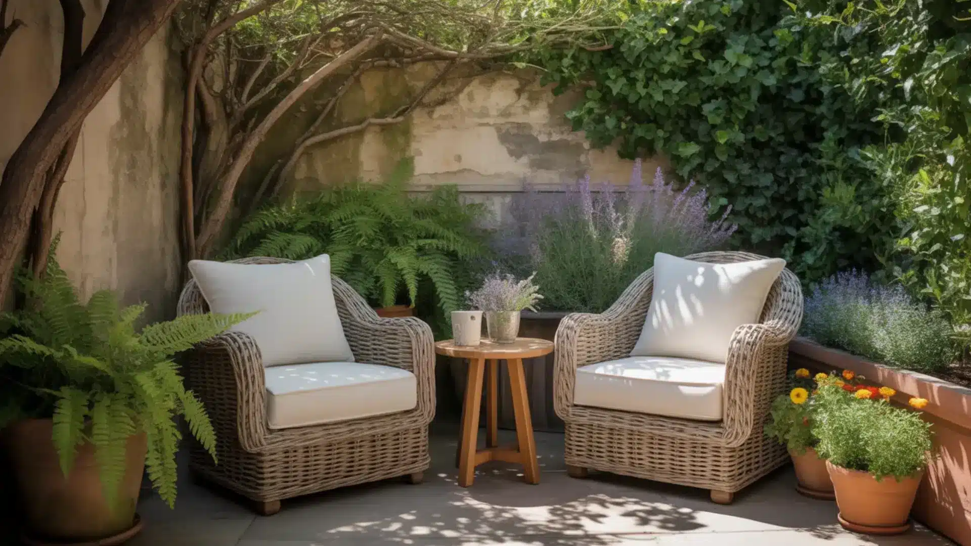 cozy outdoor seating corner with two comfortable chairs and a small table, placed in a quiet backyard spot surrounded by greenery, a fence or wall for privacy, soft cushions