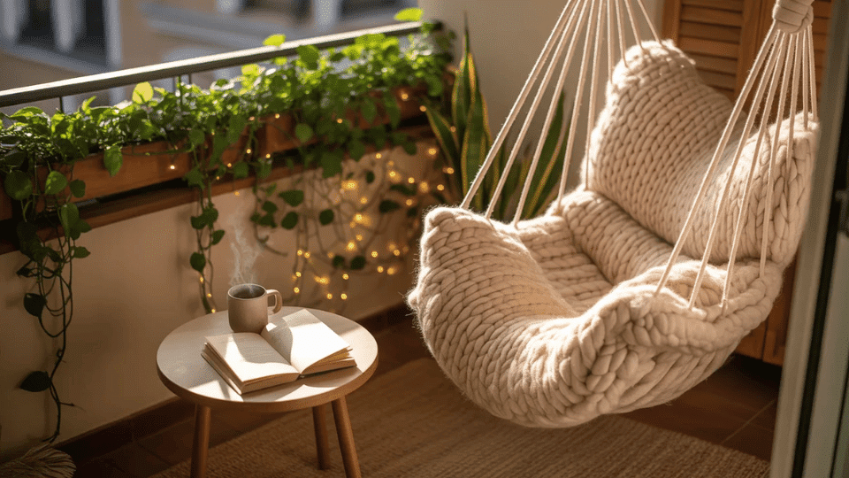 cream hammock chair with knit cushions on golden balcony with wood side table open book jute rug and fairy lights