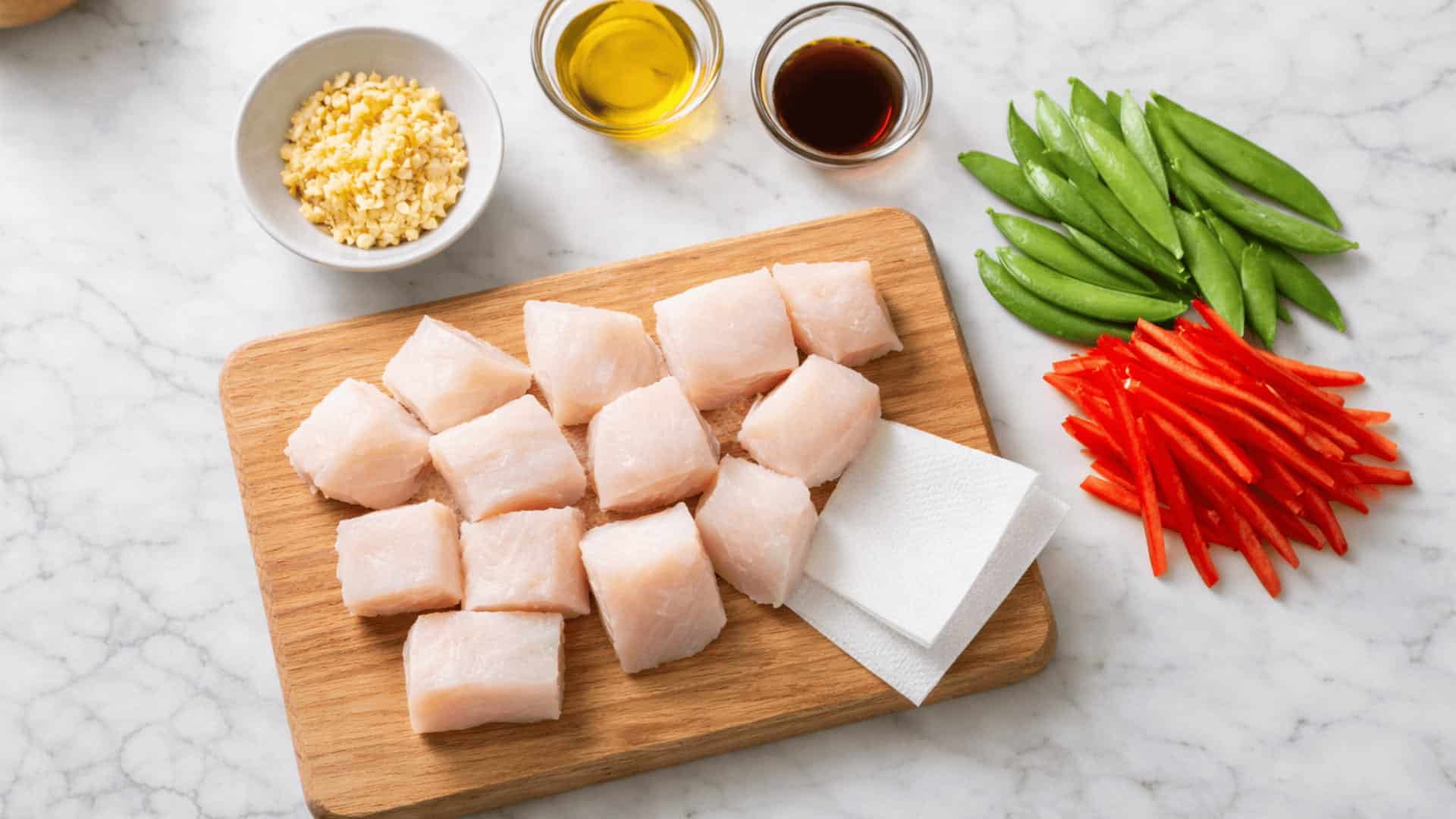 cubed raw fish fillets on wooden board with snap peas, red pepper strips, garlic, oil, and soy sauce