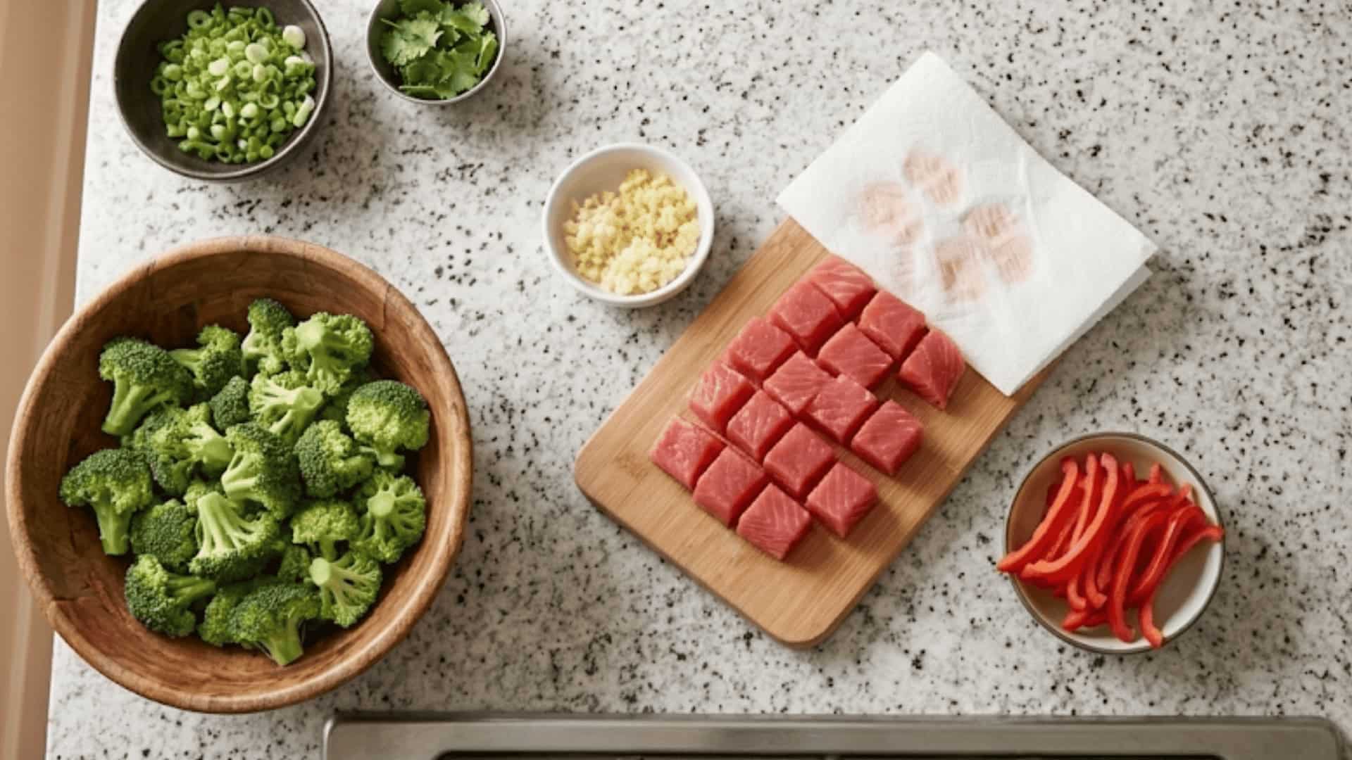 cubed raw salmon on a cutting board surrounded by broccoli, red bell pepper, minced garlic, and fresh herbs