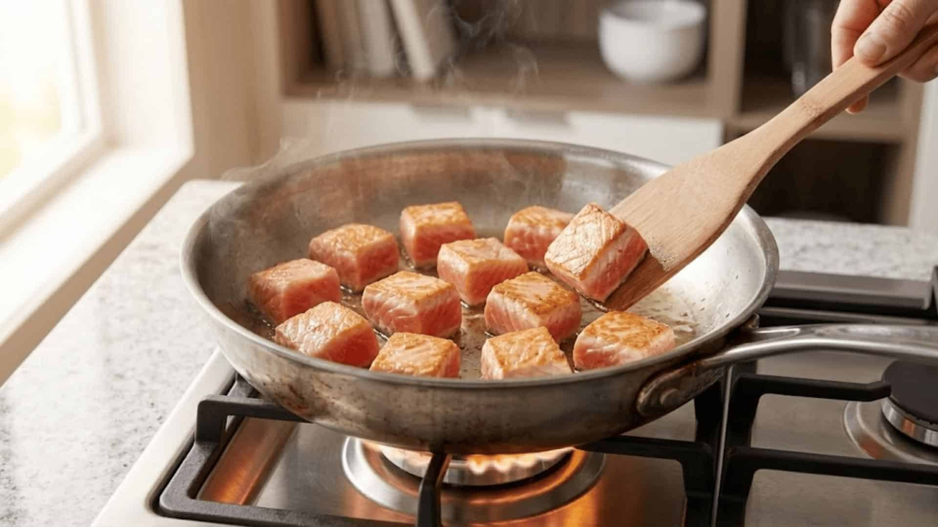 cubed salmon pieces searing in a skillet over a gas flame, gently turned with a wooden spatula
