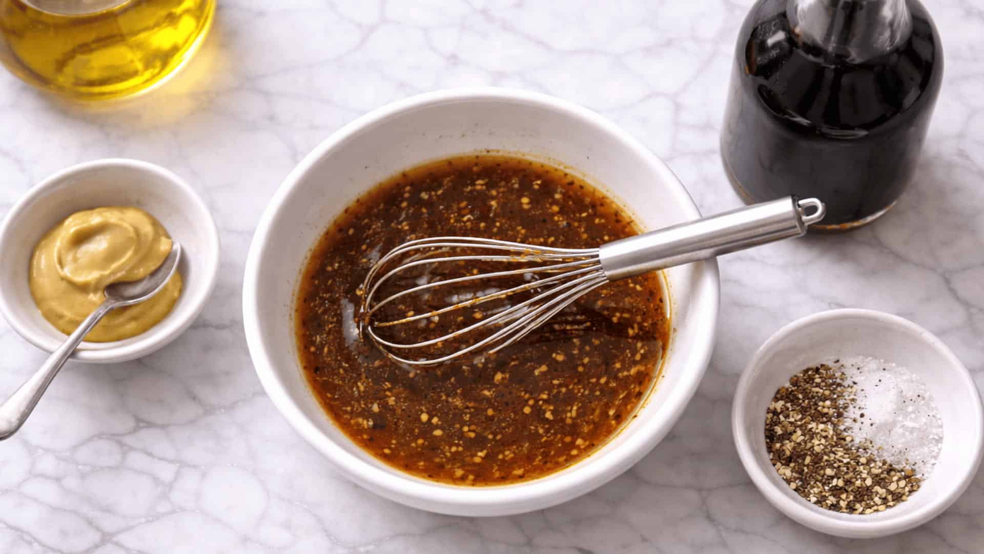dark sauce being whisked in a white bowl with mustard, salt, pepper, olive oil, and soy sauce on marble