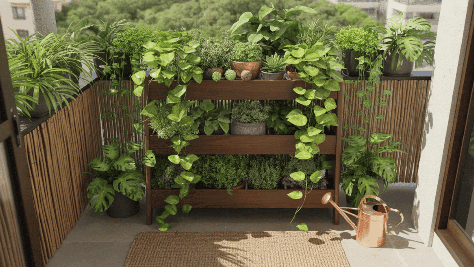 dark wood plant shelf with cascading pothos monstera and terracotta pots beside bamboo screen and worn outdoor rug