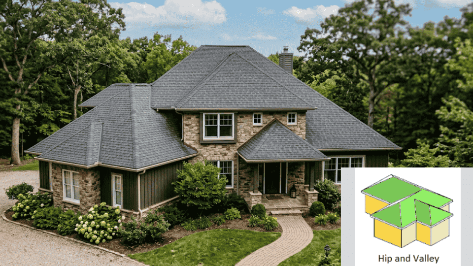 detailed diagram for a Hip Roof Shape based on your requirements, showing its four sloping sides