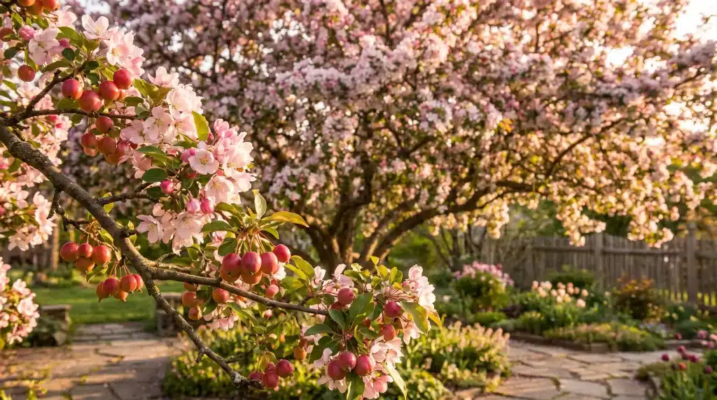 Flowering crabapple tree with pink blossoms and small red fruits in a sunlit garden