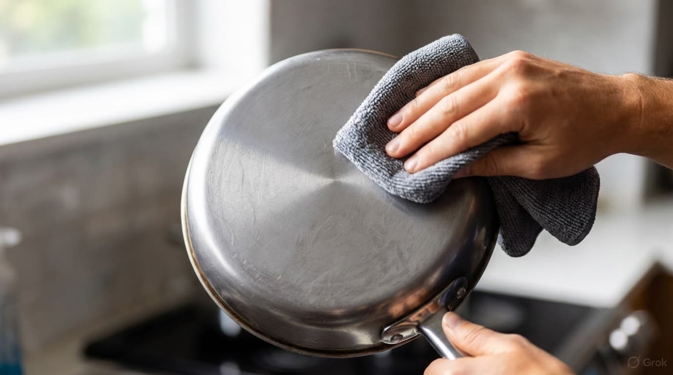 dull stainless steel pan being polished with microfiber cloth to restore shine
