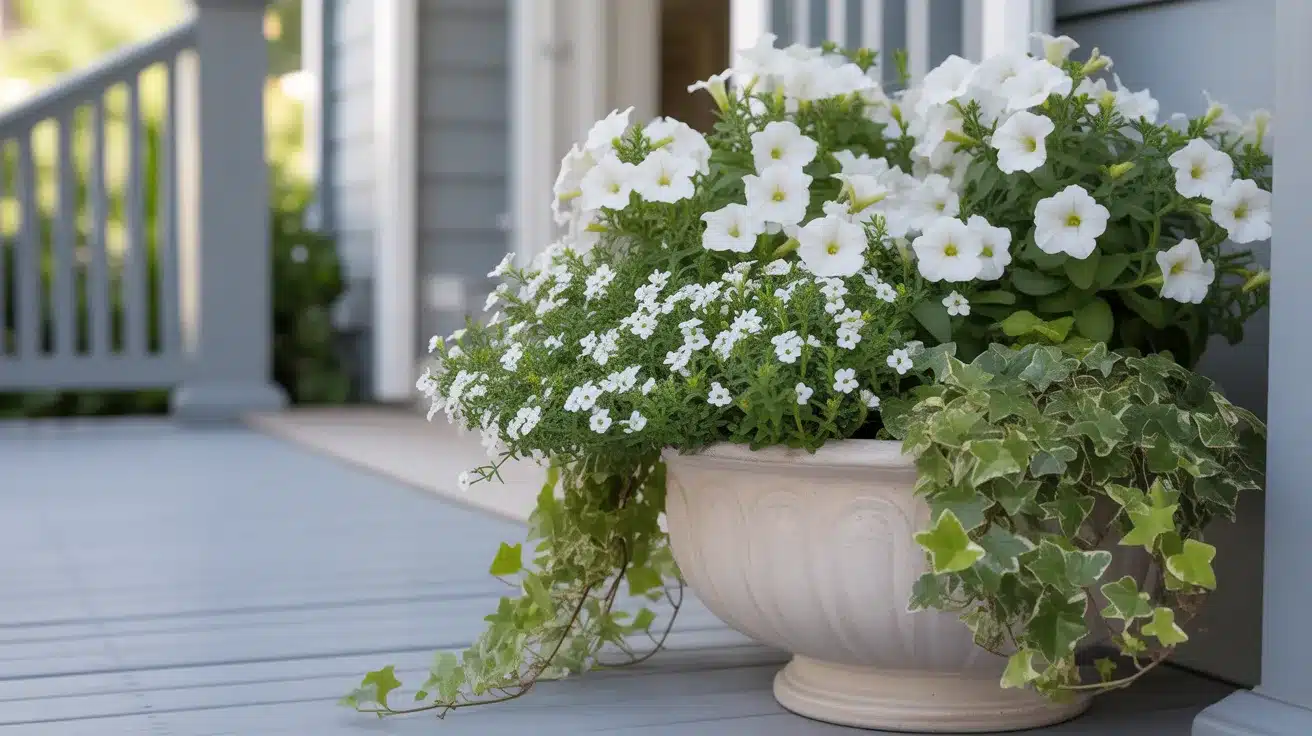 elegant ceramic planter in soft white sitting on a welcoming front porch