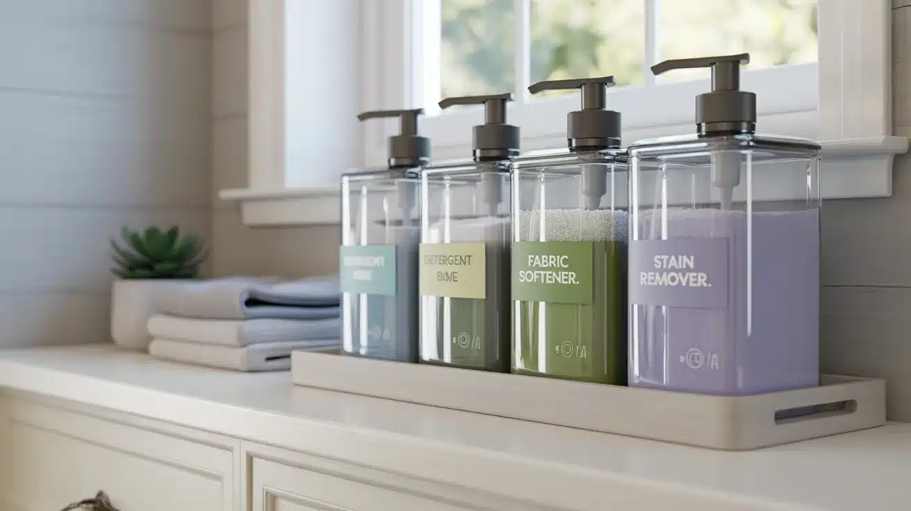 elegant clear glass detergent containers arranged on a pristine white wooden shelf in a modern laundry room