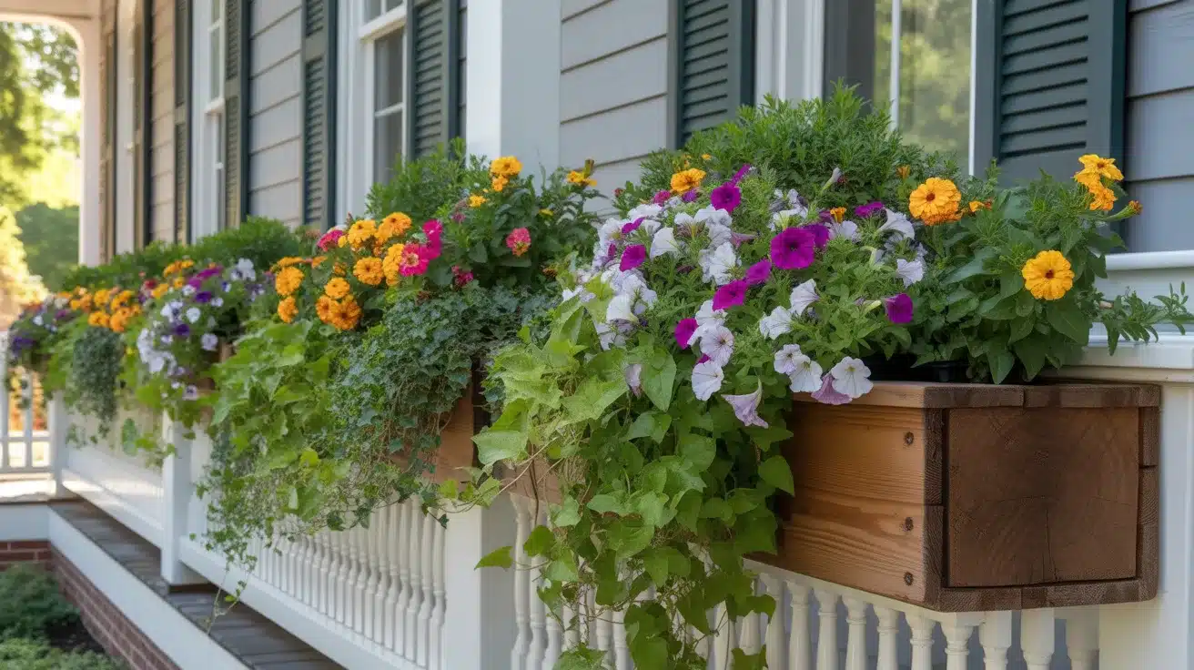 elegant front porch featuring long wooden planter boxes mounted beneath white-framed windows and along the porch railings