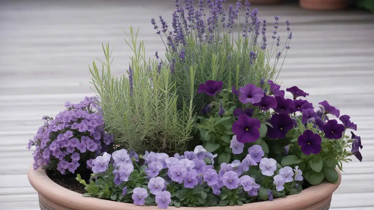 elegant monochrome planter arrangement featuring various purple flowering plants in a large terracotta pot