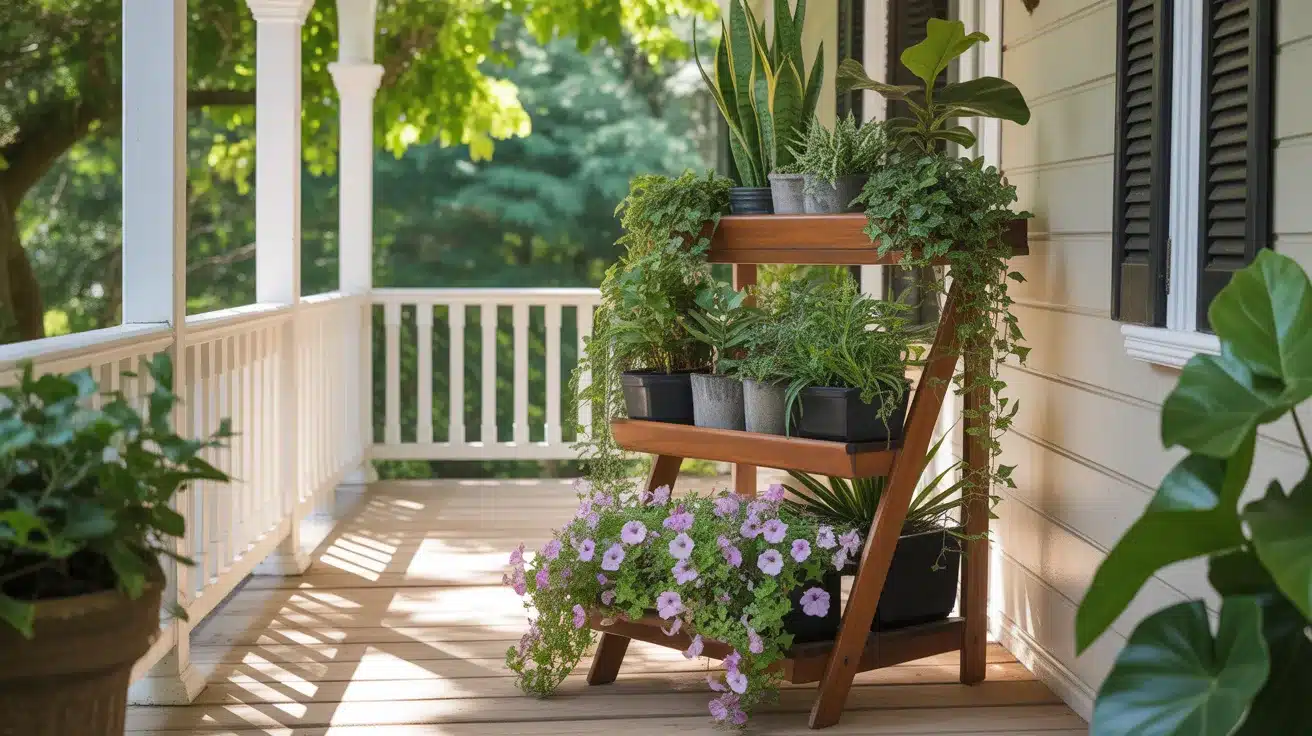 elegant vertical planter setup on a charming front porch, featuring a tiered wooden stand with multiple levels of potted plants