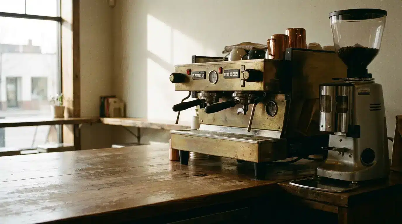Espresso machine and coffee grinder on rustic wooden counter in cozy cafe setting
