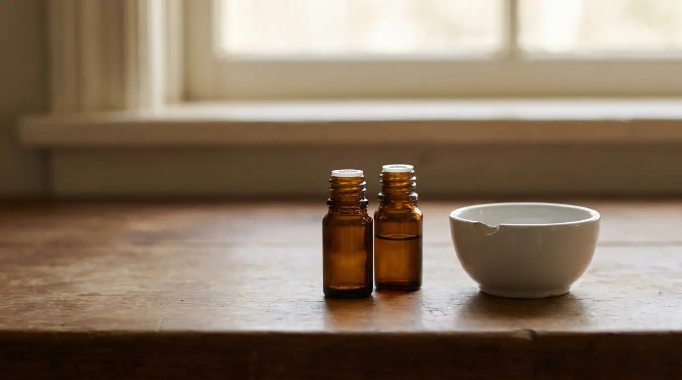 Brown glass bottles and chipped white bowl on wooden table near window in warm light