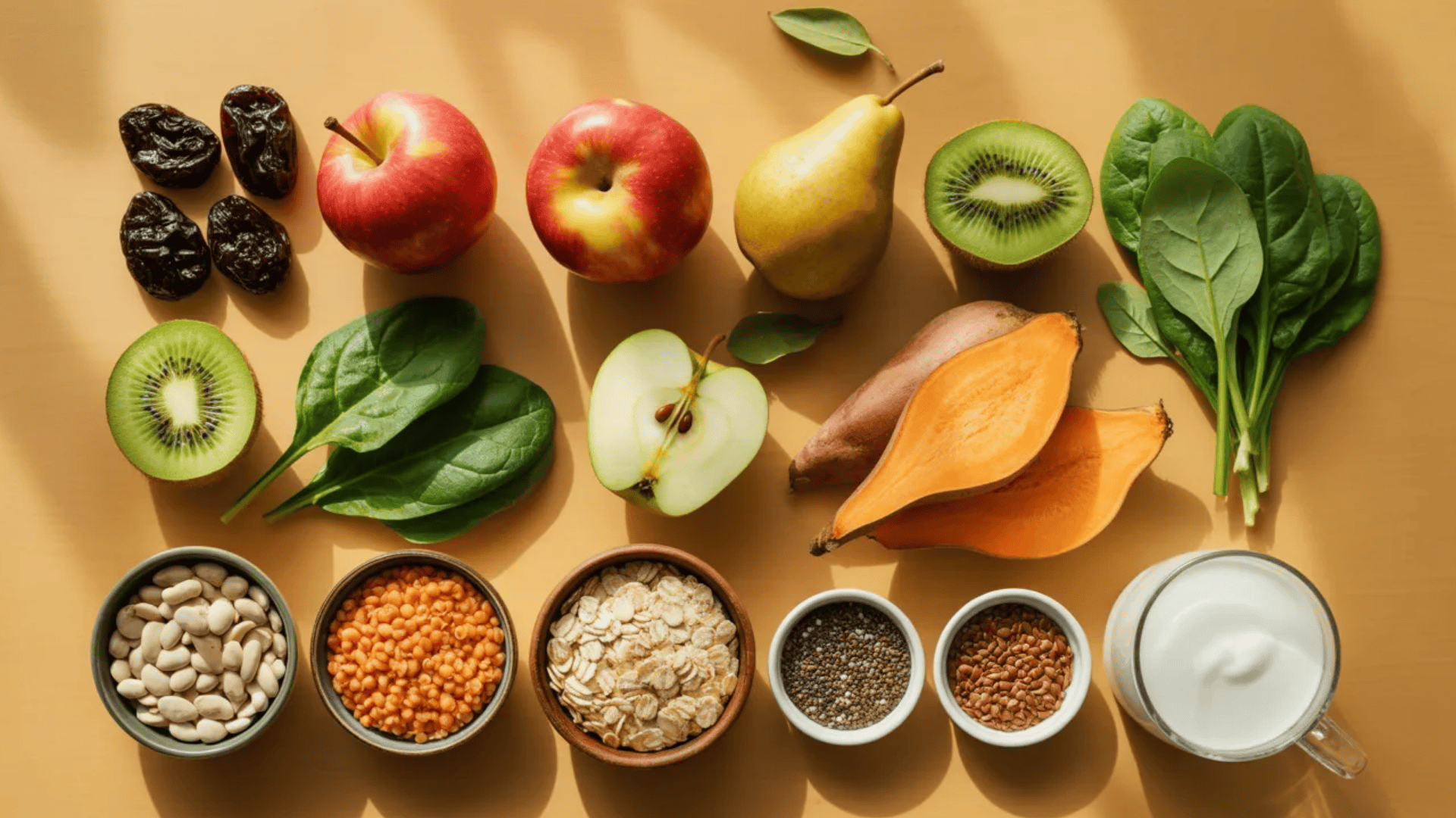 flat lay of constipation-friendly foods including fruits, vegetables, grains, seeds, and yogurt on a wooden table