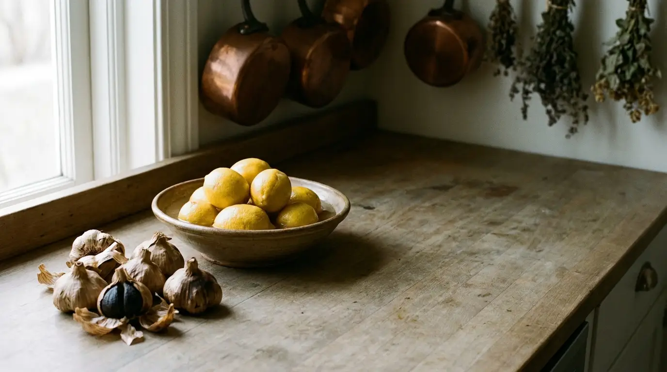 Bowl of lemons and garlic cloves on rustic wooden countertop in natural light kitchen