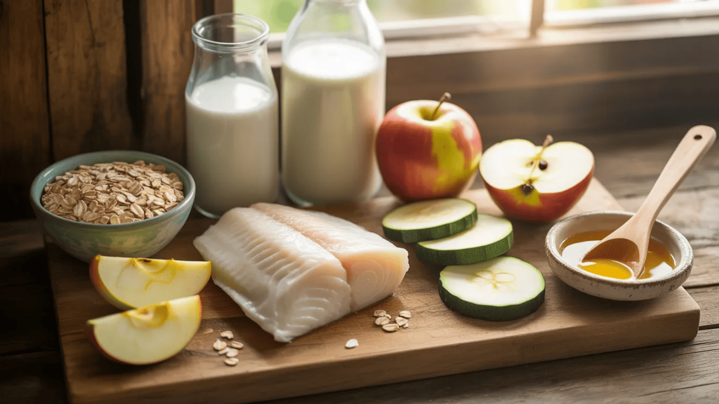 fresh low histamine ingredients including oats, white fish, apples, zucchini, honey, and milk on wooden cutting board