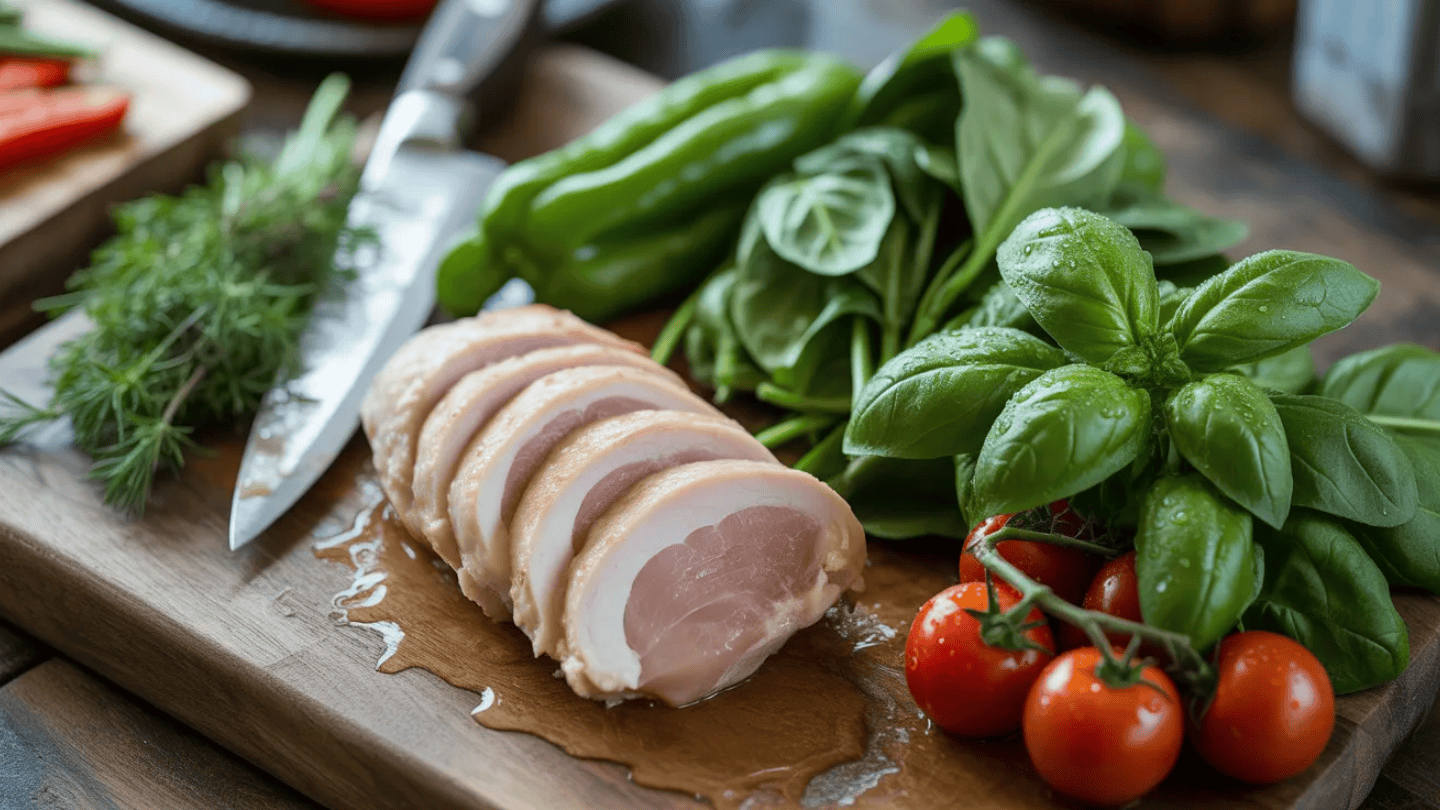 fresh sliced chicken breast with zucchini, basil, and cherry tomatoes on wooden cutting board for low histamine cooking