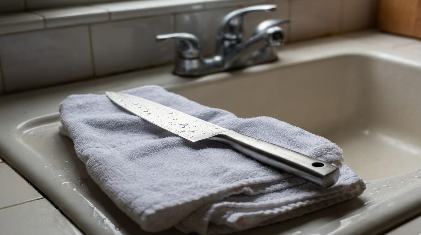 freshly washed stainless steel knife drying on kitchen towel