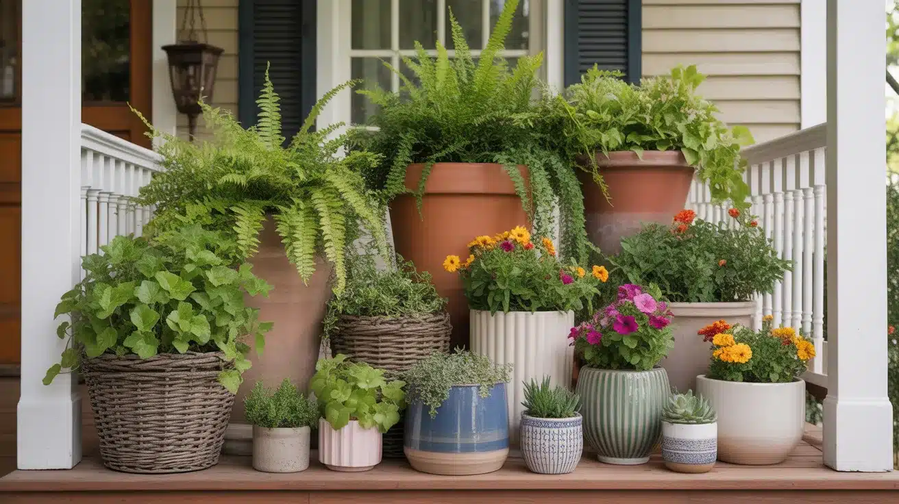 front porch featuring an artfully arranged collection of planters in varying heights creating visual depth and dimension