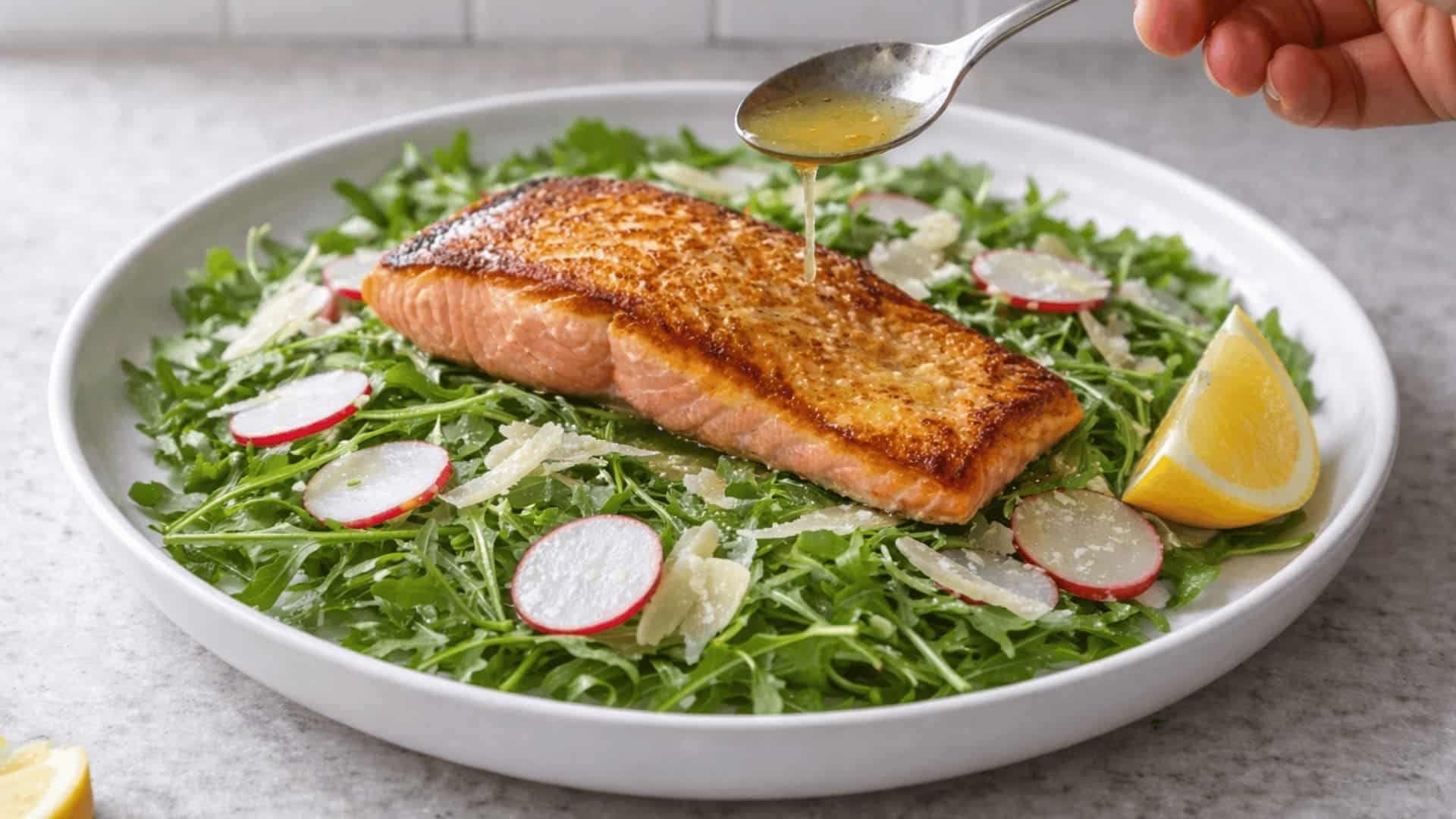 hand drizzling lemon dressing over seared salmon on arugula salad with radishes, parmesan, and lemon wedge
