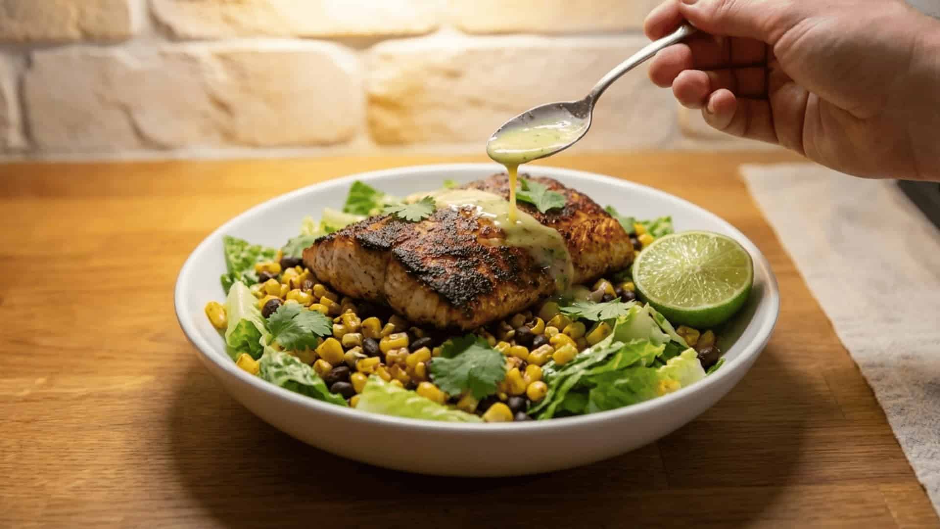 hand drizzling lime cilantro dressing over cajun seared mahi mahi on a romaine salad with corn and black beans