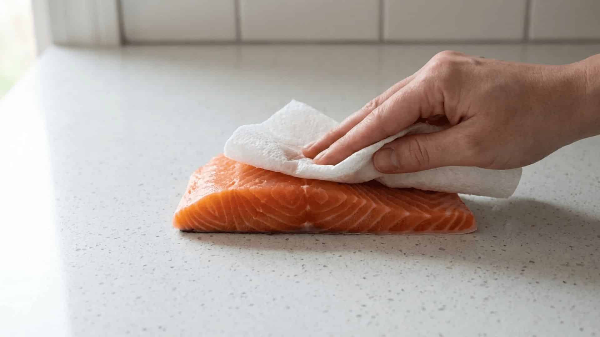 hand patting a fresh salmon fillet dry with a paper towel on a light speckled countertop