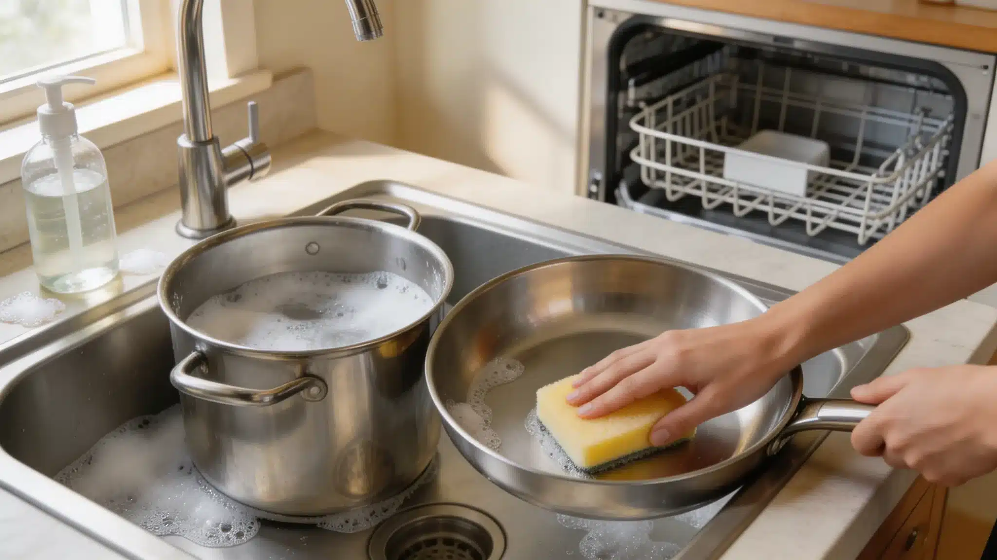 hand washing stainless steel pan in a real kitchen sink