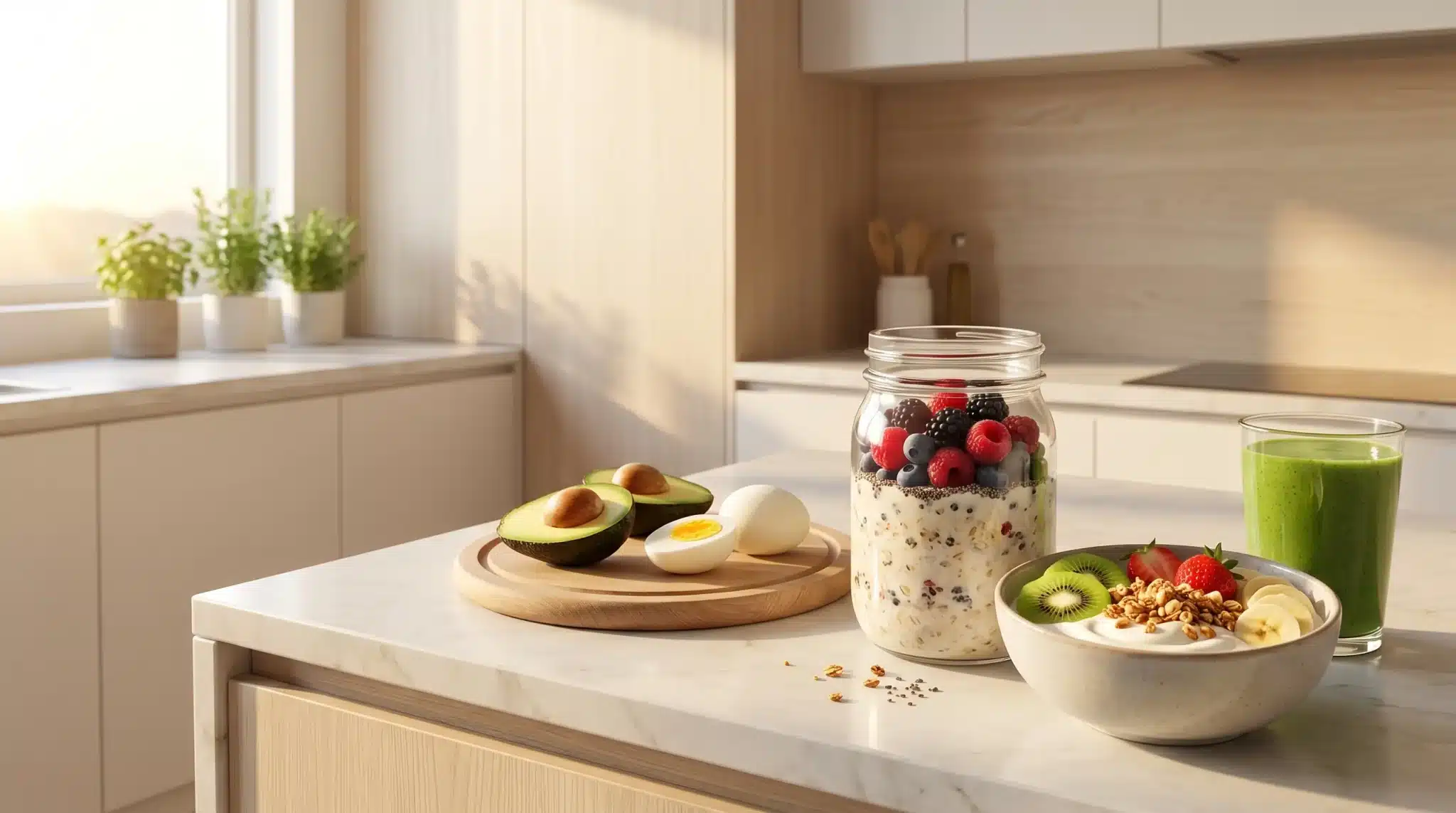 Breakfast spread with overnight oats, avocado, boiled egg, smoothie, and yogurt bowl on kitchen counter