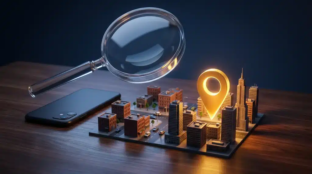 Magnifying glass over miniature cityscape with smartphone and large glowing location pin